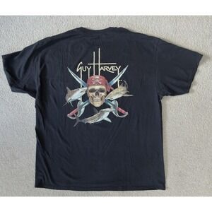 Vintage Guy Harvey Blue Water Mens 2XL Sharks Skull Swords Pirate T Shirt 2008